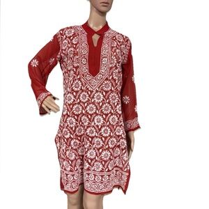 Red Embroidered Women's lightweight Sheer Tunic Top - Asian Inspired